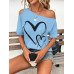SHEIN Clasi Женская футболка с принтом Love Heart и нерегулярными плечами, голубые SHEIN Clasi Женская футболка с принтом Love Heart и нерегулярными плечами, голубые