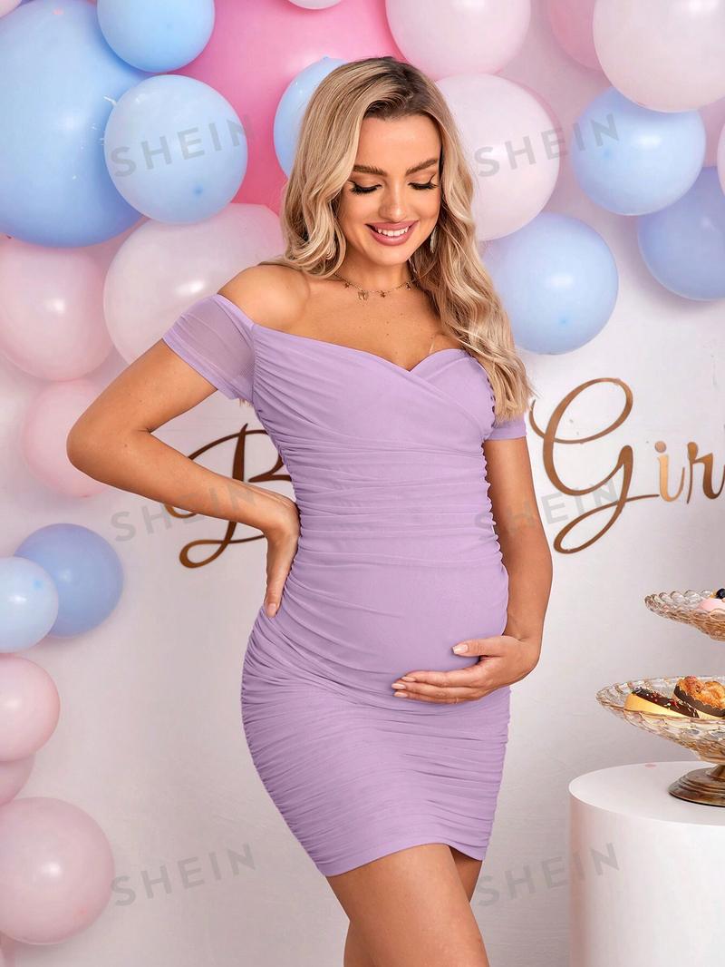 SHEIN Однотонное облегающее модное платье для беременных с открытыми плечами, сиреневый фиолетовый SHEIN Однотонное облегающее модное платье для беременных с открытыми плечами, сиреневый фиолетовый