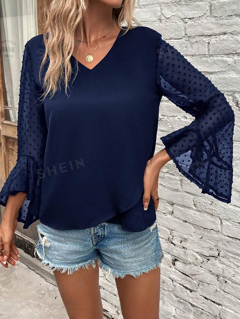 SHEIN Clasi Swiss Блузка с рукавами-колокольчиками и запахом в горошек, синий
