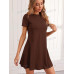 SHEIN LUNE Трикотажное однотонное повседневное платье с круглым вырезом и короткими рукавами, коричневый SHEIN LUNE Трикотажное однотонное повседневное платье с круглым вырезом и короткими рукавами, коричневый