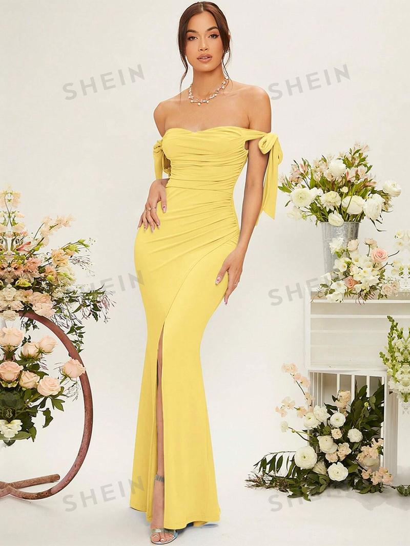 SHEIN Belle Женское платье для подружки невесты на одно плечо с пышными рукавами и узлом, желтый