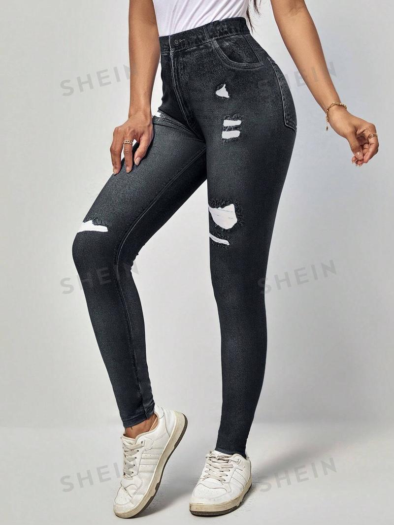 SHEIN LUNE Женские вязаные леггинсы с цветочным принтом, черный