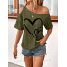 SHEIN Clasi Женская футболка с принтом Love Heart и нерегулярными плечами, армейский зеленый SHEIN Clasi Женская футболка с принтом Love Heart и нерегулярными плечами, армейский зеленый