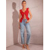 SHEIN BAE однотонная майка с кружевной отделкой и завязкой спереди для свиданий и повседневной носки, красный SHEIN BAE однотонная майка с кружевной отделкой и завязкой спереди для свиданий и повседневной носки, красный