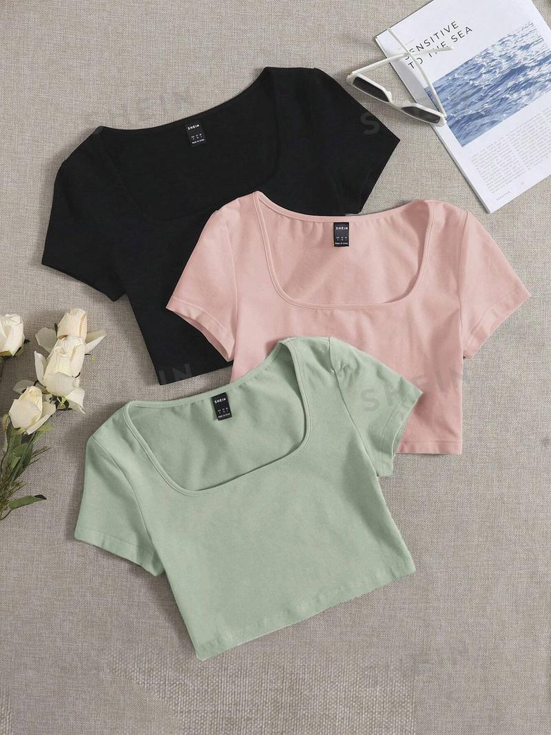 SHEIN EZwear 3 шт. однотонная приталенная футболка с круглым вырезом и короткими рукавами, розовый