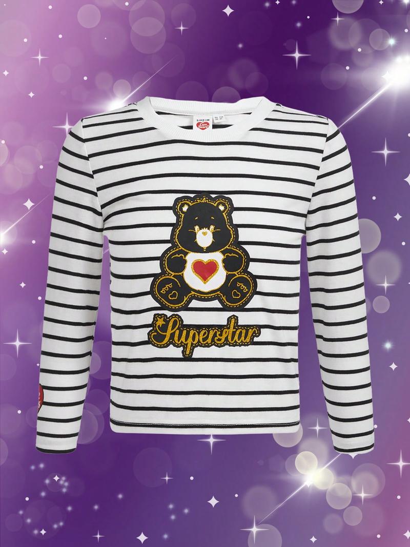 SHEIN Футболка в полоску с рисунком для девочек, черное и белое