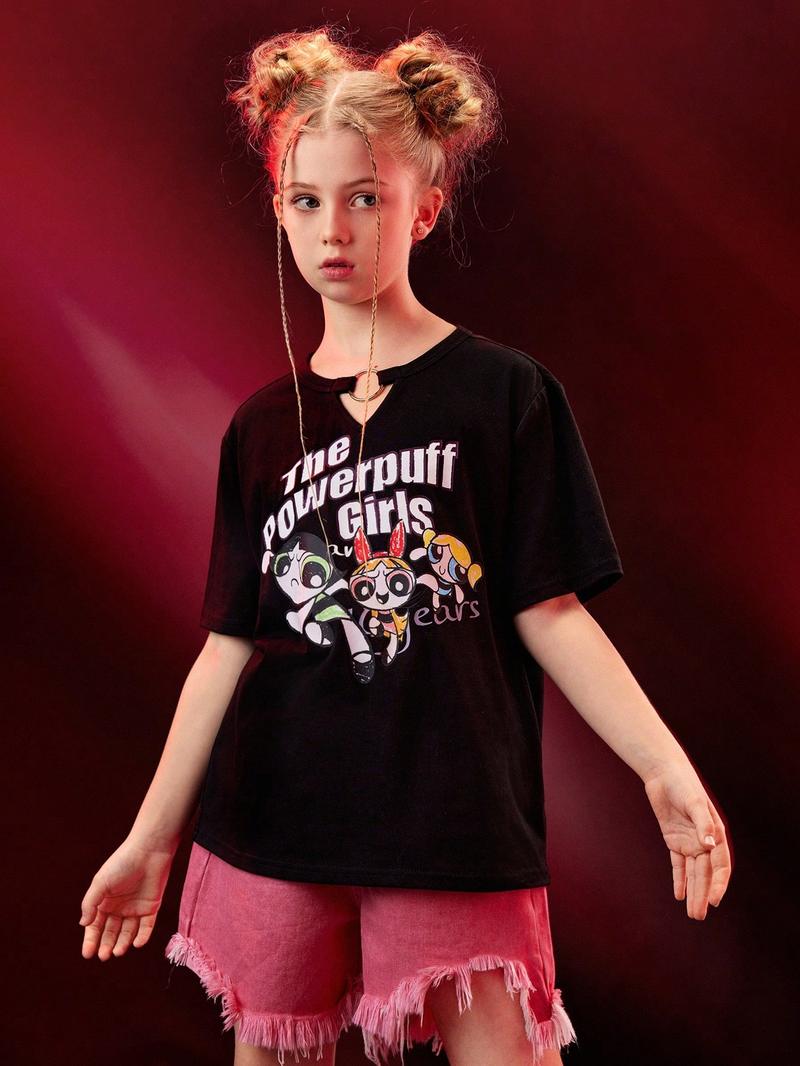 Футболка для девочек-подростков SHEIN с рисунком и буквами, черный