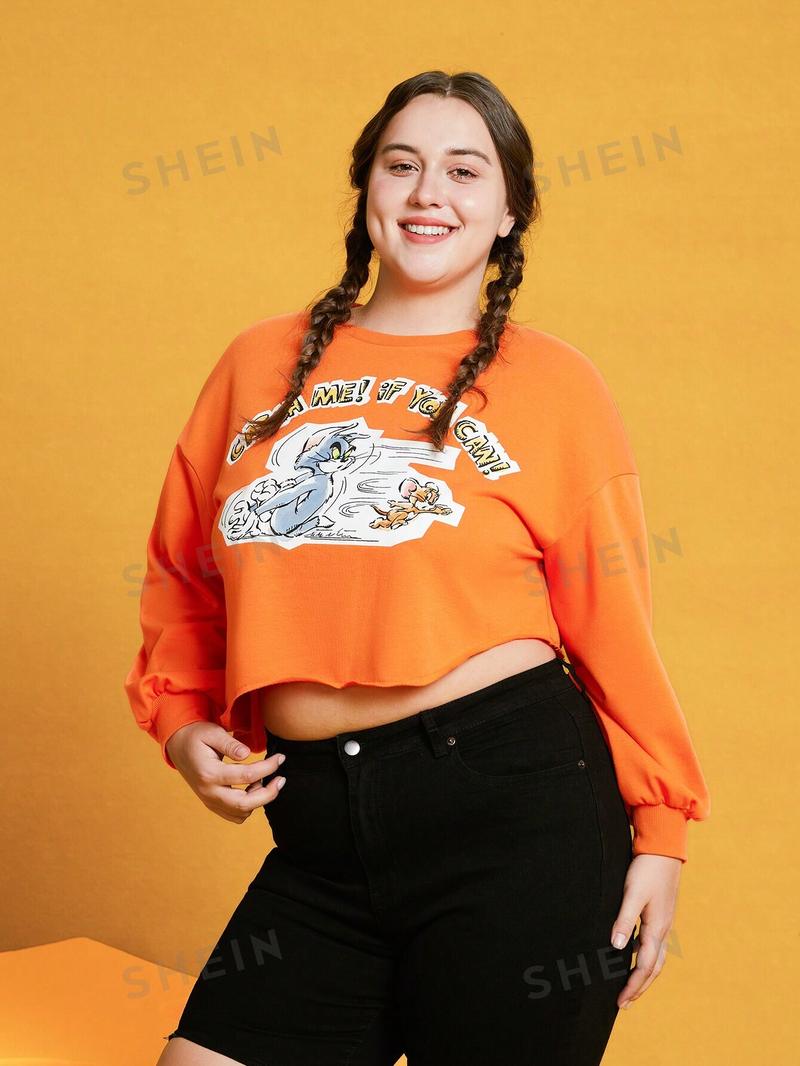 SHEIN Толстовка с заниженными плечами и мультяшным узором, апельсин SHEIN Толстовка с заниженными плечами и мультяшным узором, апельсин
