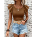 SHEIN Clasi Женская однотонная футболка с короткими рукавами и круглым вырезом с рюшами, кофейный коричневый
