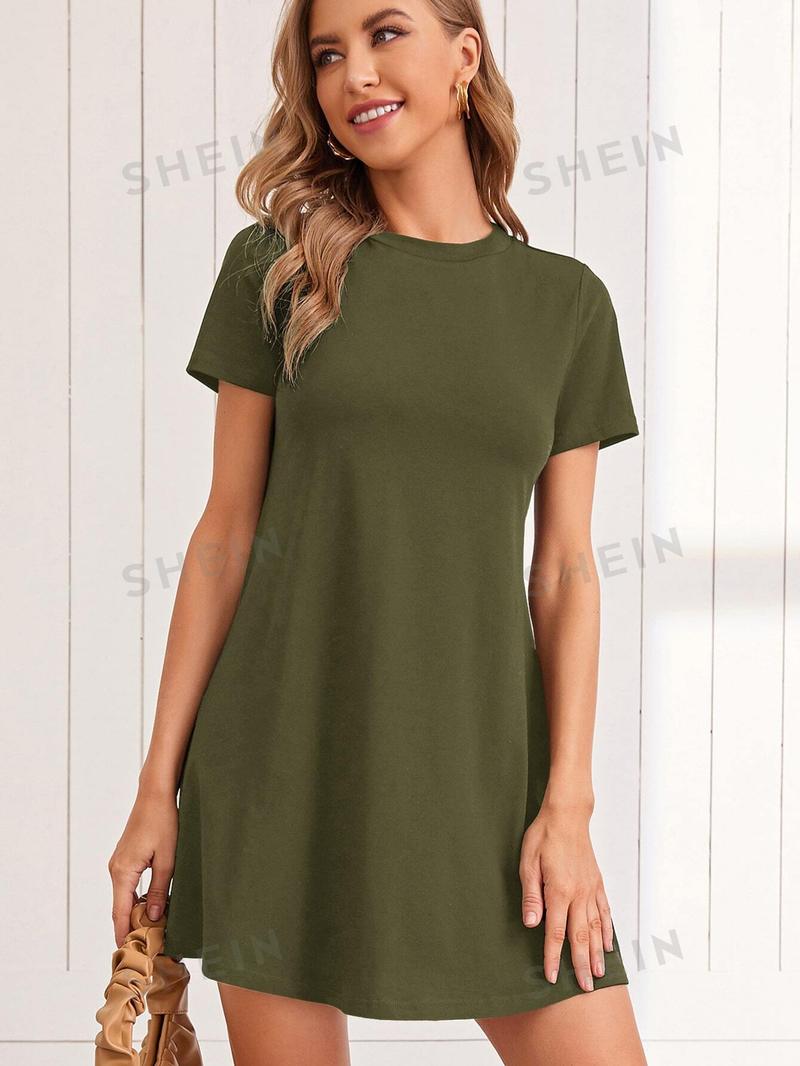 SHEIN LUNE Трикотажное однотонное повседневное платье с круглым вырезом и короткими рукавами, армейский зеленый