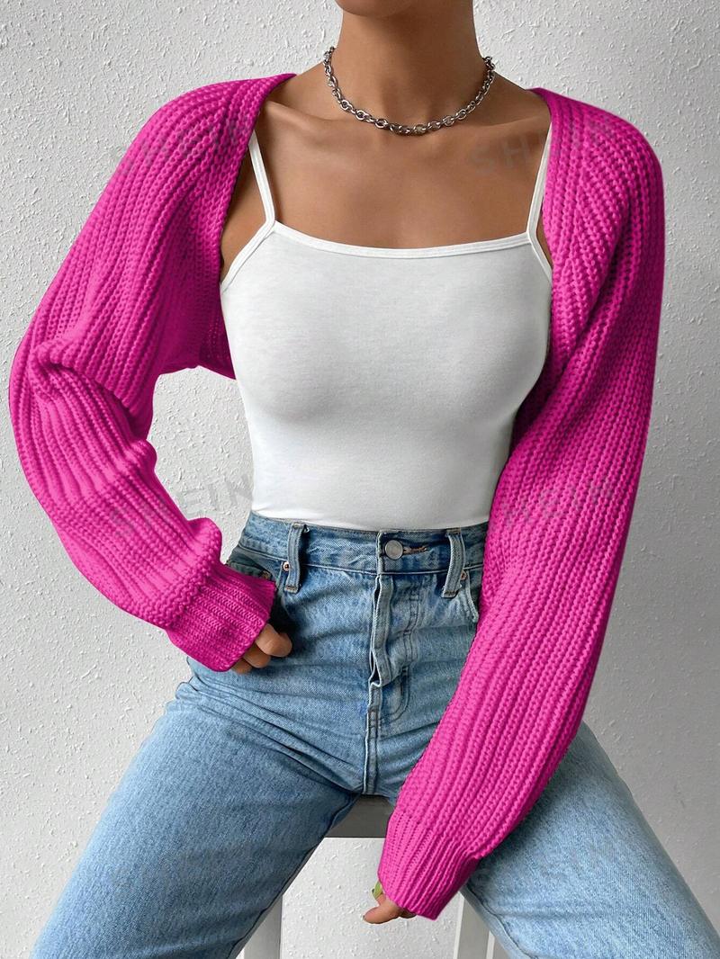 SHEIN EZwear Однотонный базовый укороченный кардиган с открытой передней частью, ярко-розовый SHEIN EZwear Однотонный базовый укороченный кардиган с открытой передней частью, ярко-розовый