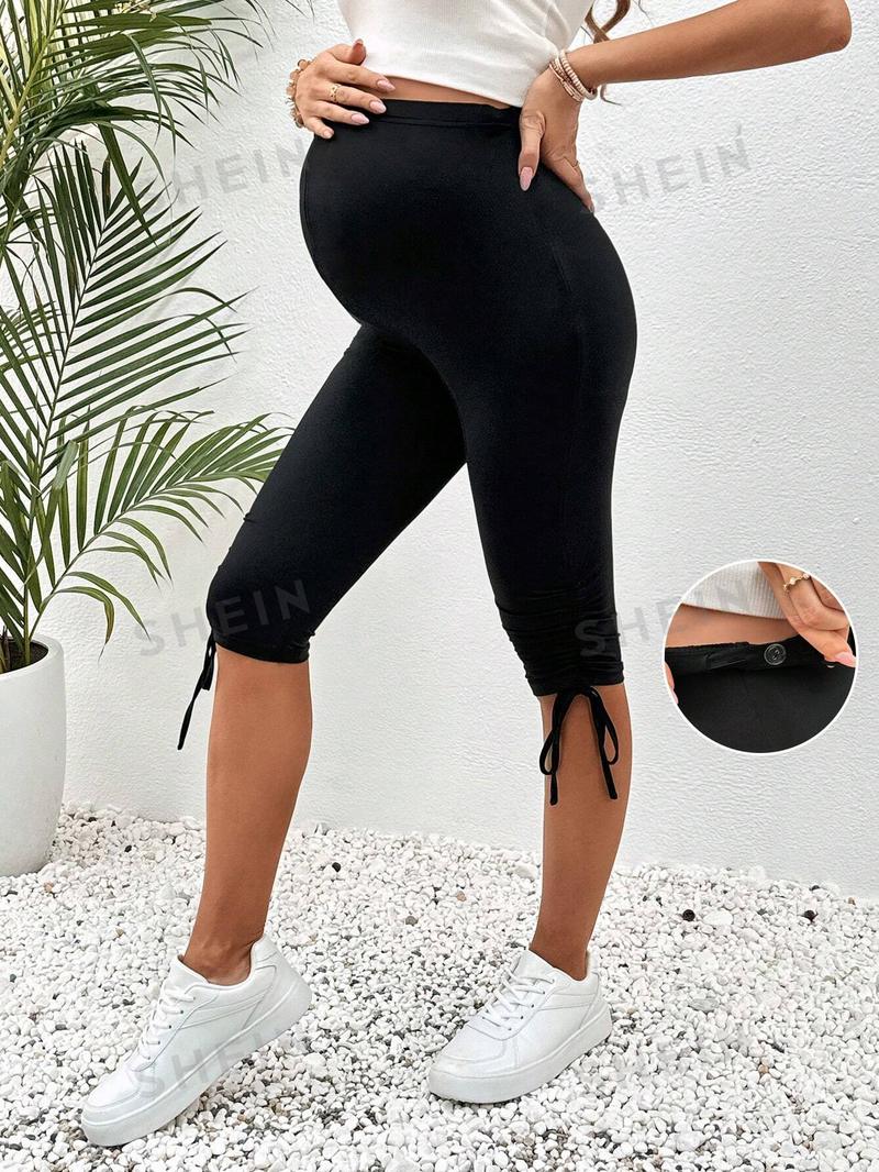 SHEIN Однотонные леггинсы с регулируемой талией и подолом для беременных на шнурке, черный