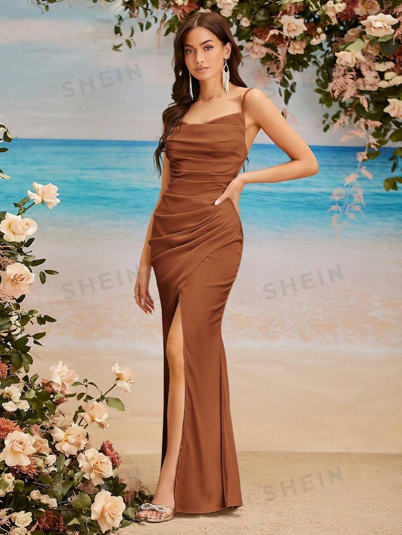 SHEIN Belle однотонное плиссированное платье подружки невесты с высоким разрезом и лямкой для женщин, кофейный коричневый SHEIN Belle однотонное плиссированное платье подружки невесты с высоким разрезом и лямкой для женщин, кофейный коричневый