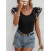 SHEIN Clasi Женская однотонная футболка с короткими рукавами и круглым вырезом с рюшами, черный