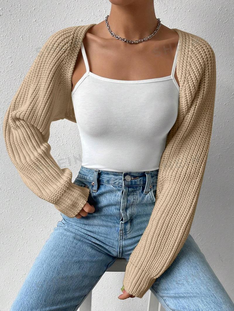 SHEIN EZwear Однотонный базовый укороченный кардиган с открытой передней частью, верблюд SHEIN EZwear Однотонный базовый укороченный кардиган с открытой передней частью, верблюд