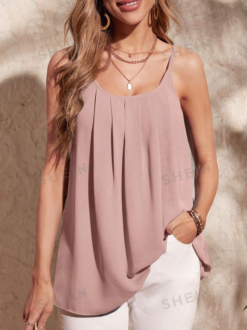 SHEIN Clasi однотонный плиссированный свободный повседневный топ-бретелька, пыльный розовый SHEIN Clasi однотонный плиссированный свободный повседневный топ-бретелька, пыльный розовый