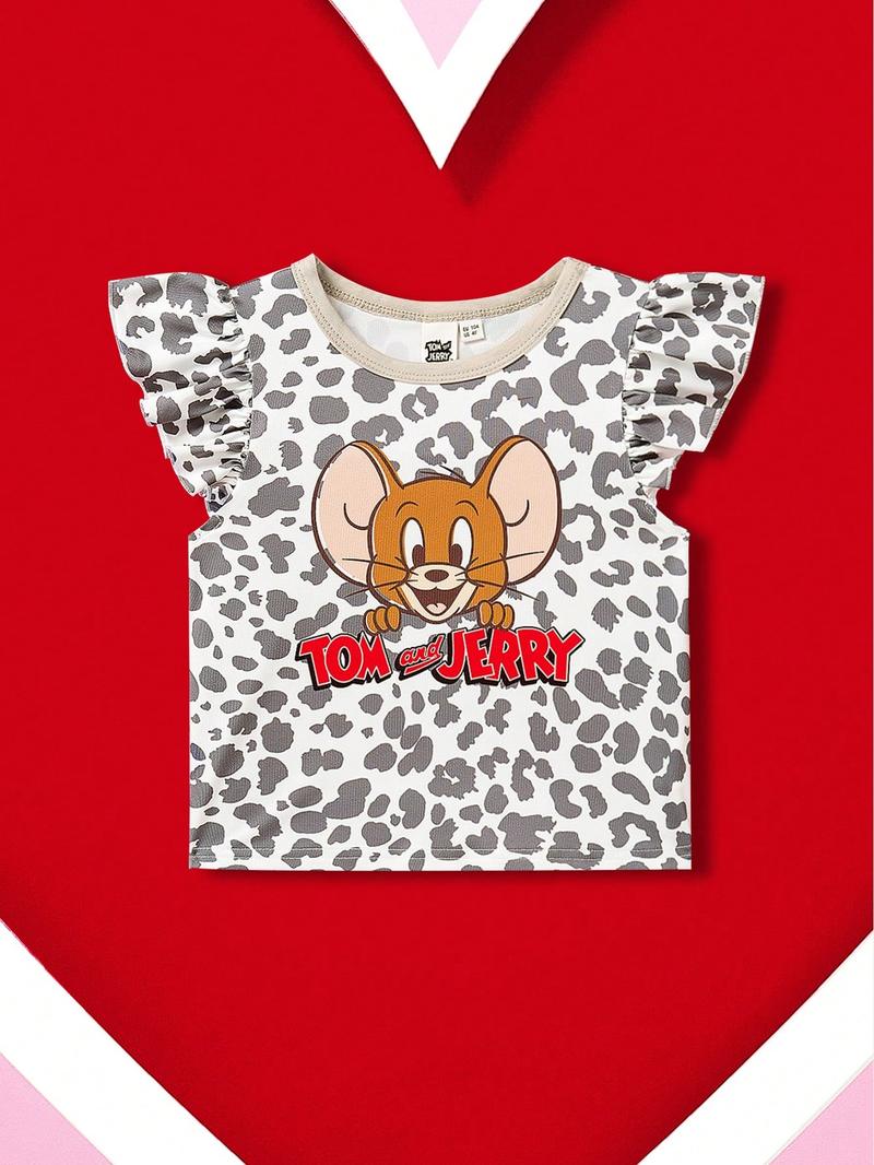 Футболка SHEIN для девочек с мультяшным рисунком и расклешенными рукавами, черное и белое Футболка SHEIN для девочек с мультяшным рисунком и расклешенными рукавами, черное и белое