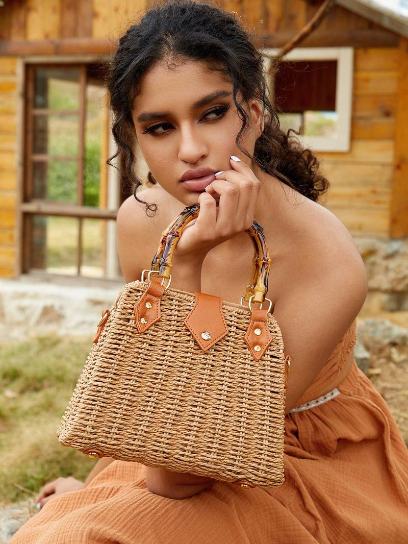 SHEIN VCAY Верблюжьего цвета плетеная сумка из ротанга с ручкой под бамбук, верблюд