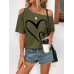 SHEIN Clasi Женская футболка с принтом Love Heart и нерегулярными плечами, армейский зеленый SHEIN Clasi Женская футболка с принтом Love Heart и нерегулярными плечами, армейский зеленый