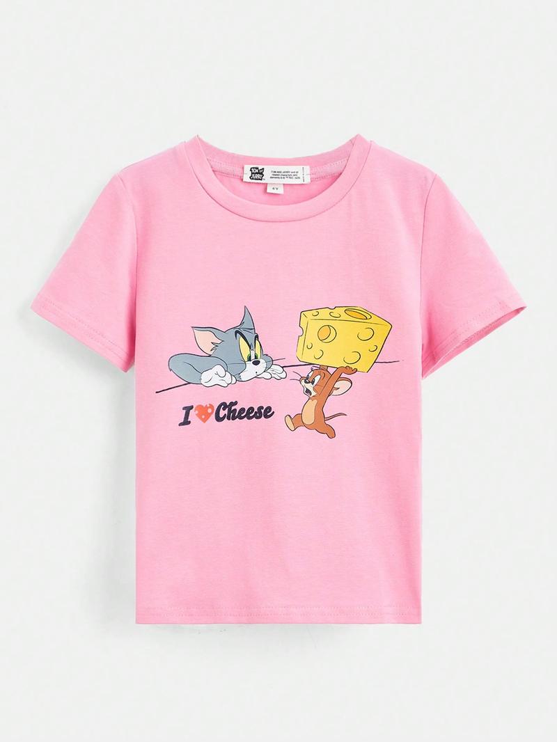 Футболка с рисунком и надписью SHEIN для молодых девушек, розовый