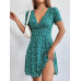 SHEIN EZwear Женское платье с глубоким v-образным вырезом и короткими рукавами с принтом, зеленый