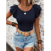 SHEIN Clasi Женская однотонная футболка с короткими рукавами и круглым вырезом с рюшами, синий