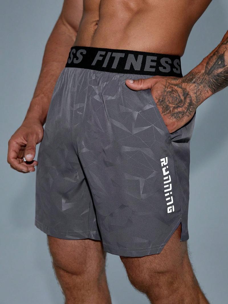 Мужские спортивные шорты с карманами SHEIN Fitness с буквенным принтом, серый Мужские спортивные шорты с карманами SHEIN Fitness с буквенным принтом, серый