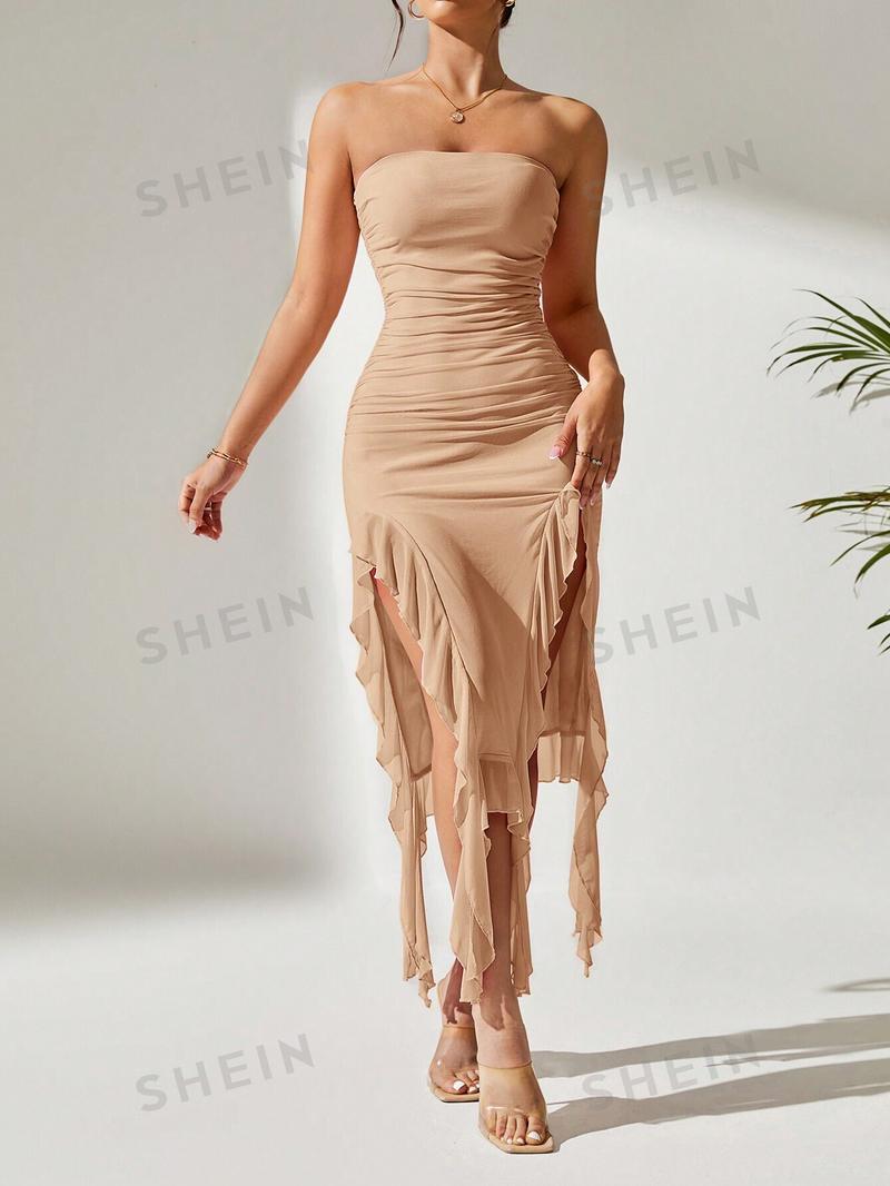 SHEIN PETITE Летнее розовое платье-труба с разрезом до бедра и рюшами, хаки