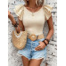 SHEIN Clasi Женская однотонная футболка с короткими рукавами и круглым вырезом с рюшами, абрикос