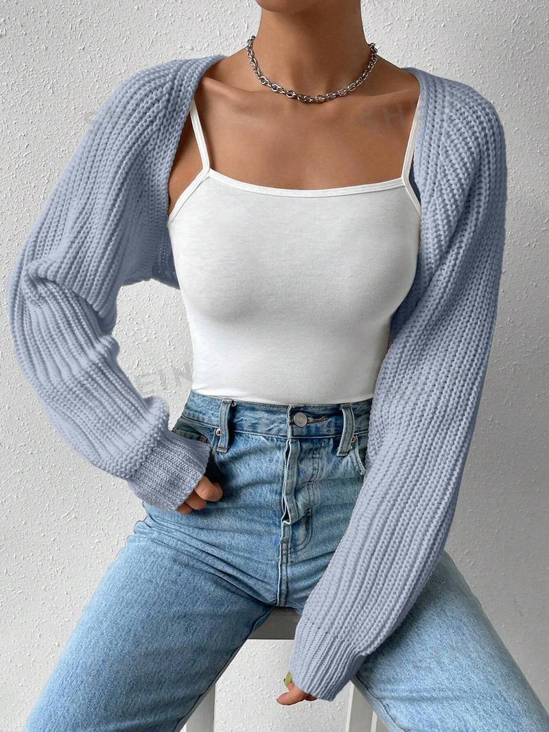 SHEIN EZwear Однотонный базовый укороченный кардиган с открытой передней частью, голубые SHEIN EZwear Однотонный базовый укороченный кардиган с открытой передней частью, голубые