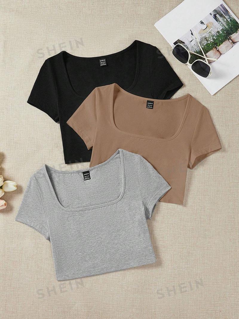 SHEIN EZwear 3 шт. однотонная приталенная футболка с круглым вырезом и короткими рукавами, многоцветный
