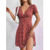 SHEIN EZwear Женское платье с глубоким v-образным вырезом и короткими рукавами с принтом, красный SHEIN EZwear Женское платье с глубоким v-образным вырезом и короткими рукавами с принтом, красный