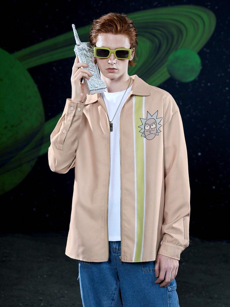 Мужская рубашка SHEIN в полоску с мультяшным рисунком и лентой, абрикос