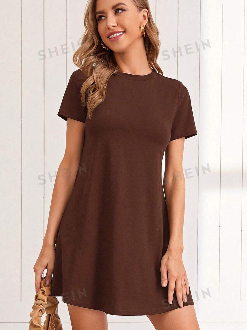 SHEIN LUNE Трикотажное однотонное повседневное платье с круглым вырезом и короткими рукавами, коричневый