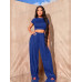 SHEIN SXY Женская укороченная футболка однотонного цвета и широкие плиссированные брюки 2 шт./компл., королевский синий