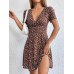 SHEIN EZwear Женское платье с глубоким v-образным вырезом и короткими рукавами с принтом, кофейный коричневый SHEIN EZwear Женское платье с глубоким v-образным вырезом и короткими рукавами с принтом, кофейный коричневый