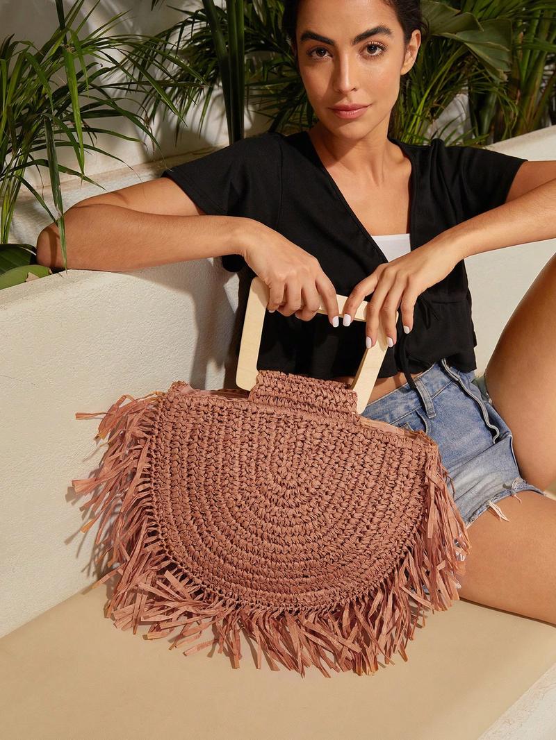 SHEIN VCAY Женская плетеная соломенная сумка цвета хаки с необработанным краем, хаки