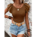 SHEIN Clasi Женская однотонная футболка с короткими рукавами и круглым вырезом с рюшами, кофейный коричневый