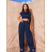 SHEIN SXY Женская укороченная футболка однотонного цвета и широкие плиссированные брюки 2 шт./компл., темно-синий
