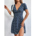 SHEIN EZwear Женское платье с глубоким v-образным вырезом и короткими рукавами с принтом, синий