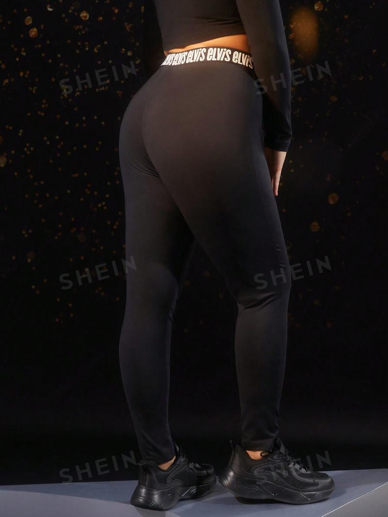 Леггинсы SHEIN Plus со светоотражающим буквенным узором, черный