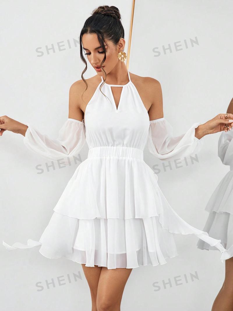SHEIN Privé женское однотонное платье с открытыми плечами и многоуровневым оборками по краю, белый
