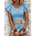 SHEIN Clasi Женская однотонная футболка с короткими рукавами и круглым вырезом с рюшами, голубые