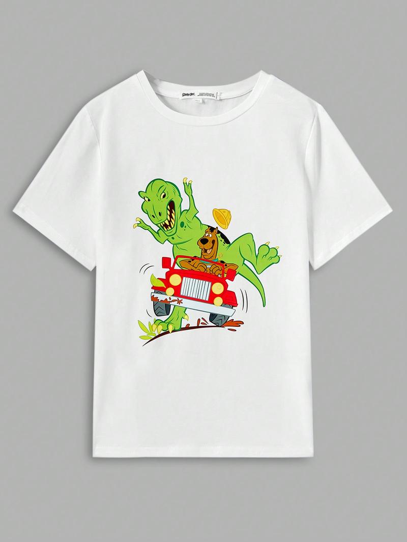 Футболка для мальчиков SHEIN с изображением динозавров и мультфильмов, белый