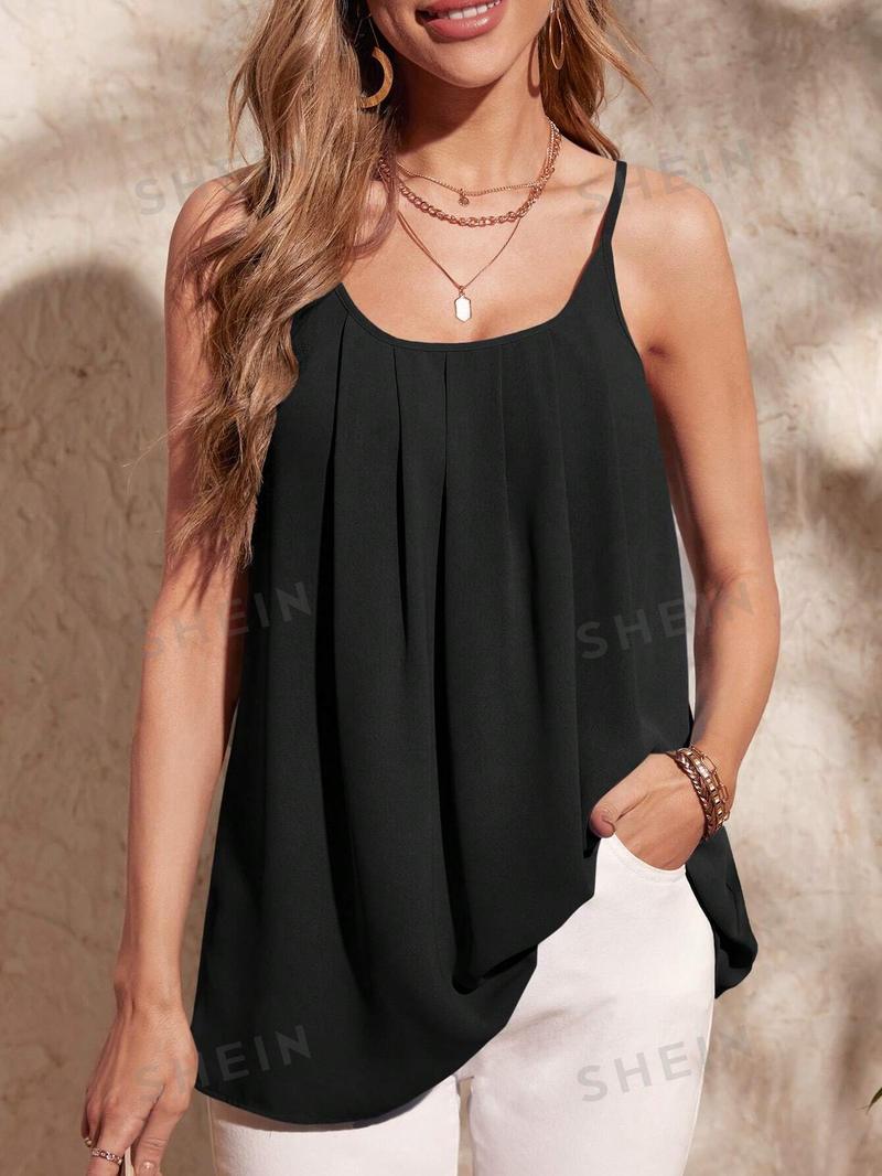 SHEIN Clasi однотонный плиссированный свободный повседневный топ-бретелька, черный SHEIN Clasi однотонный плиссированный свободный повседневный топ-бретелька, черный