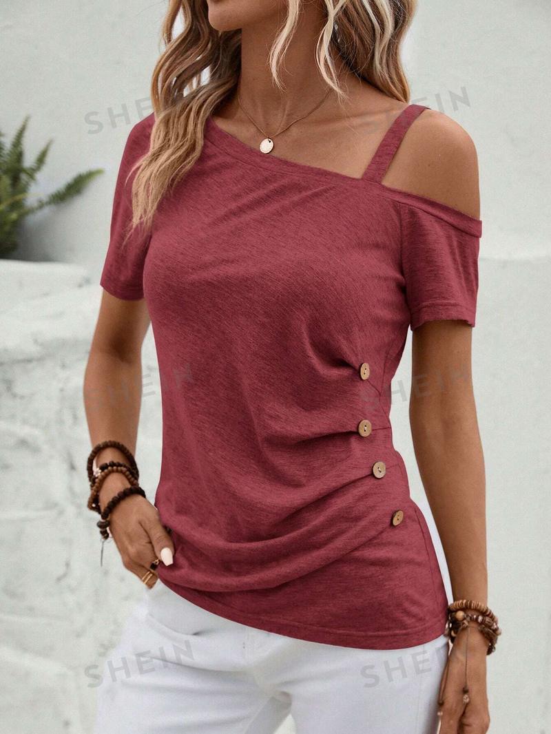 SHEIN Clasi Асимметричная футболка с воротником и пуговицами, бургундия