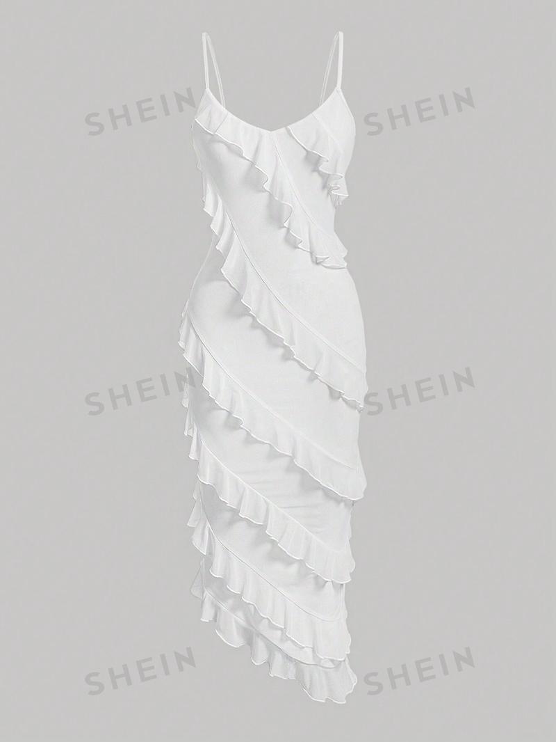 SHEIN MOD Женское однотонное асимметричное платье с оборками на тонких бретельках, белый