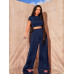 SHEIN SXY Женская укороченная футболка однотонного цвета и широкие плиссированные брюки 2 шт./компл., темно-синий