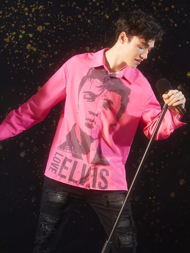 Мужская рубашка с длинным рукавом с принтом SHEIN, ярко-розовый