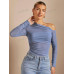 SHEIN BAE Прозрачная приталенная футболка с открытыми плечами и сборками вверх, серый SHEIN BAE Прозрачная приталенная футболка с открытыми плечами и сборками вверх, серый